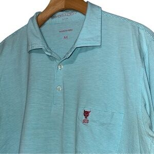 B. Draddy Men’s Size M Turquoise Blue White Mini Striped Cotton Polo Shirt